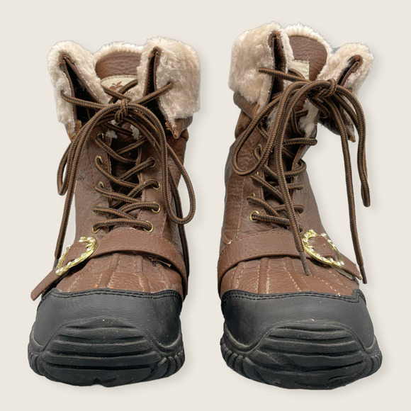 Apple Bottoms Narele Faux Fur Brown Vegan Material Buckle Lace Up Winter Boots 7 - Picture 2 of 9